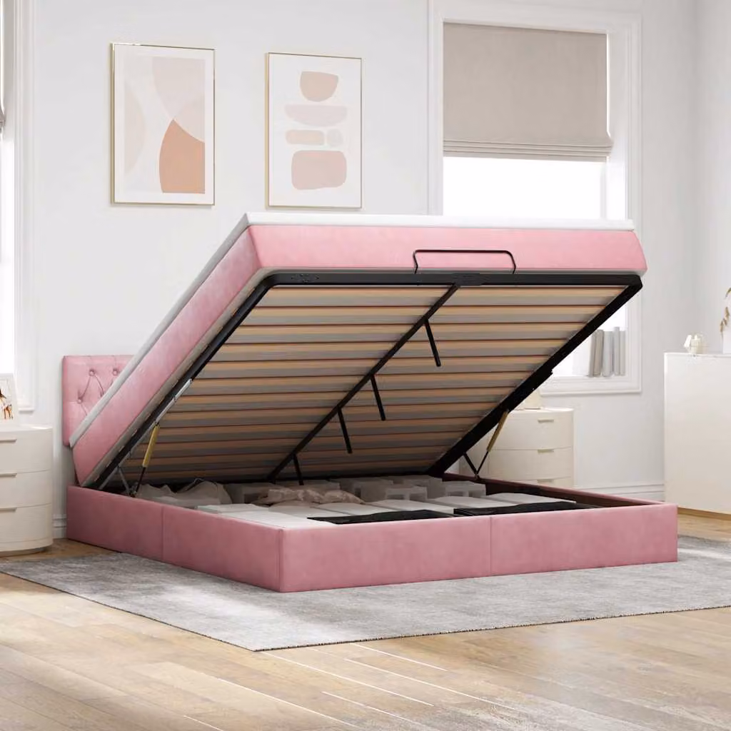 vidaXL Struttura Letto con Materasso e Contenitore a Sollevamento in Velluto Rosa, L: 180 cm, P: 200 cm, H: 88 cm – 1