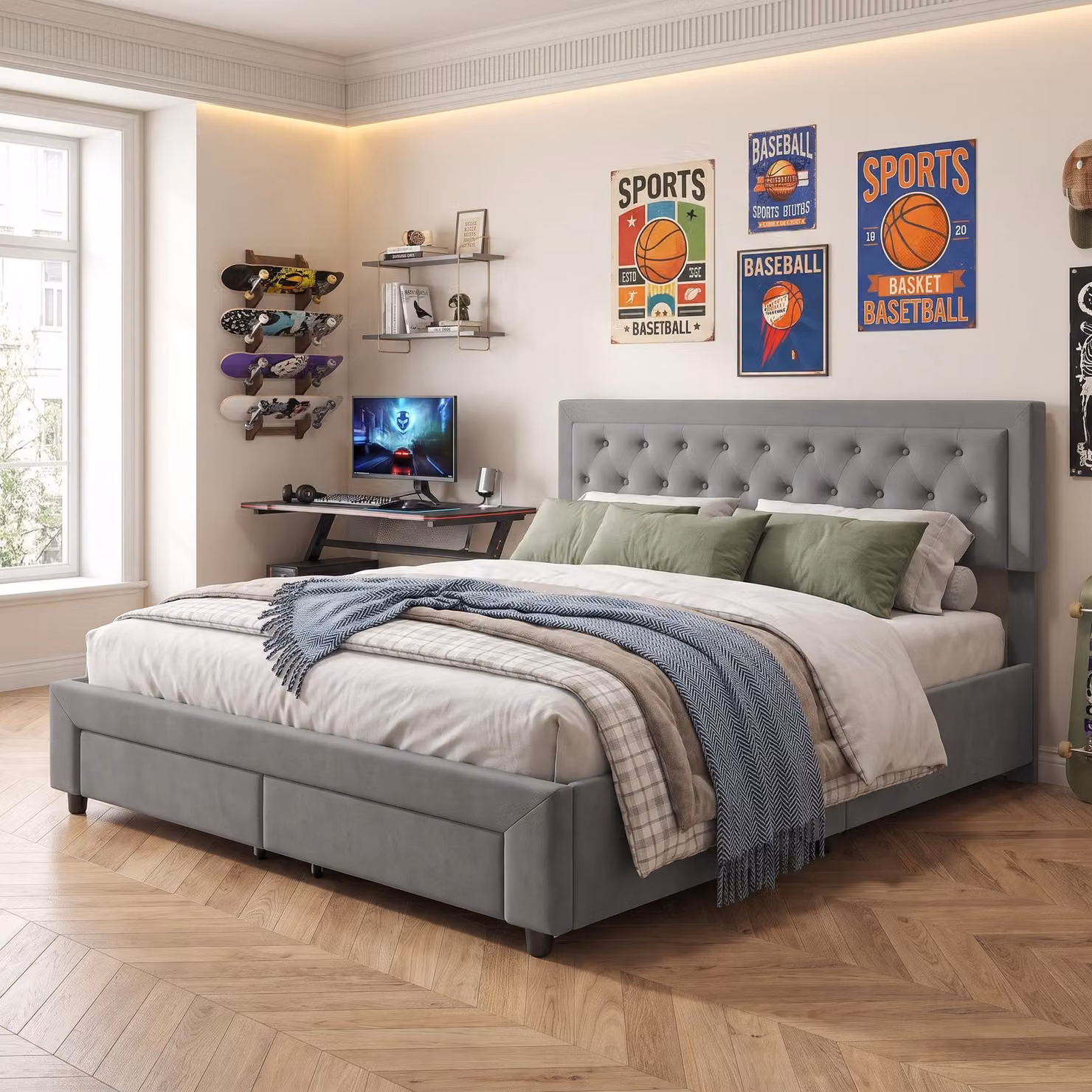 Letto matrimoniale con boxspring, dimensioni 160 x 200 cm, con 2 cassetti, letto contenitore, rete a molle, imbottito, ideale per ragazzi, tessuto in velluto, colore grigio