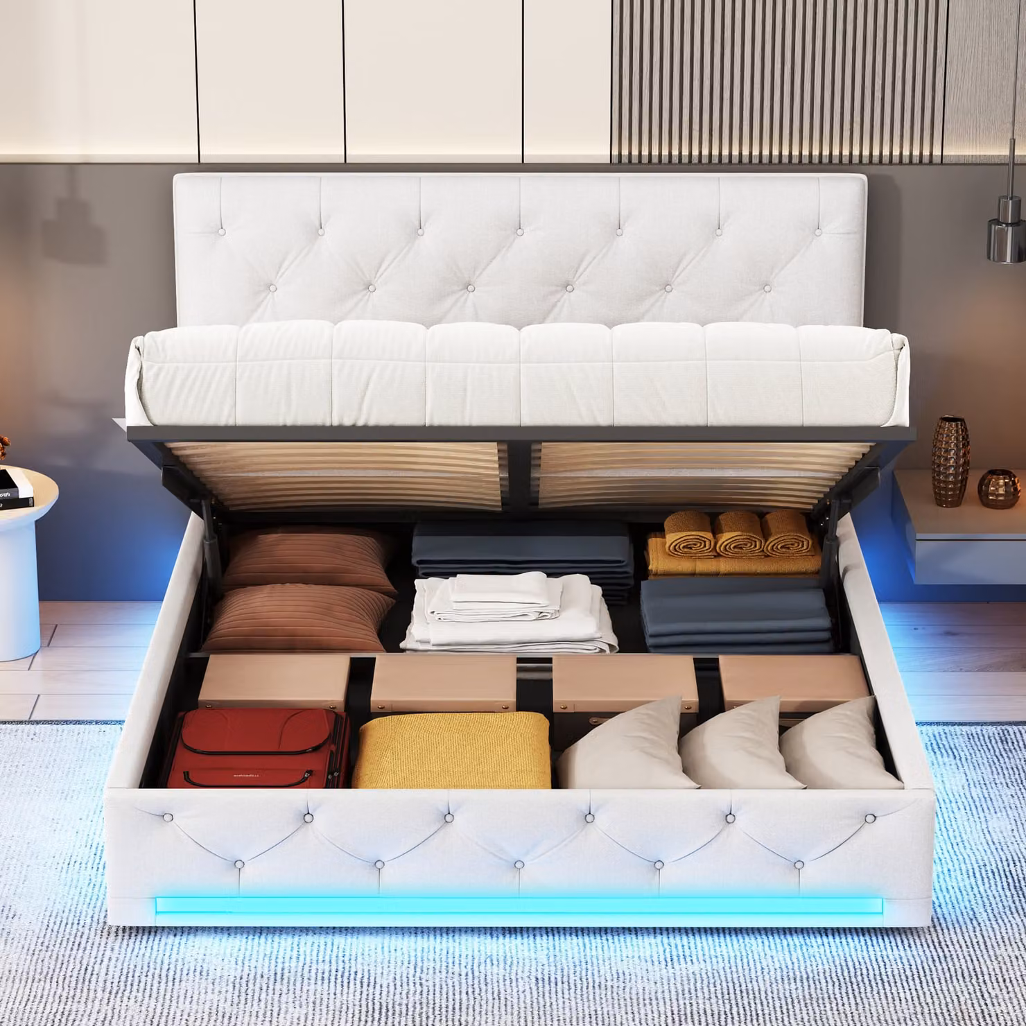 Letto imbottito 160x200cm con rete a doghe, LED, letto a molle idrauliche con rete e contenitore, letto contenitore in velluto letto matrimoniale letto per ragazzi
