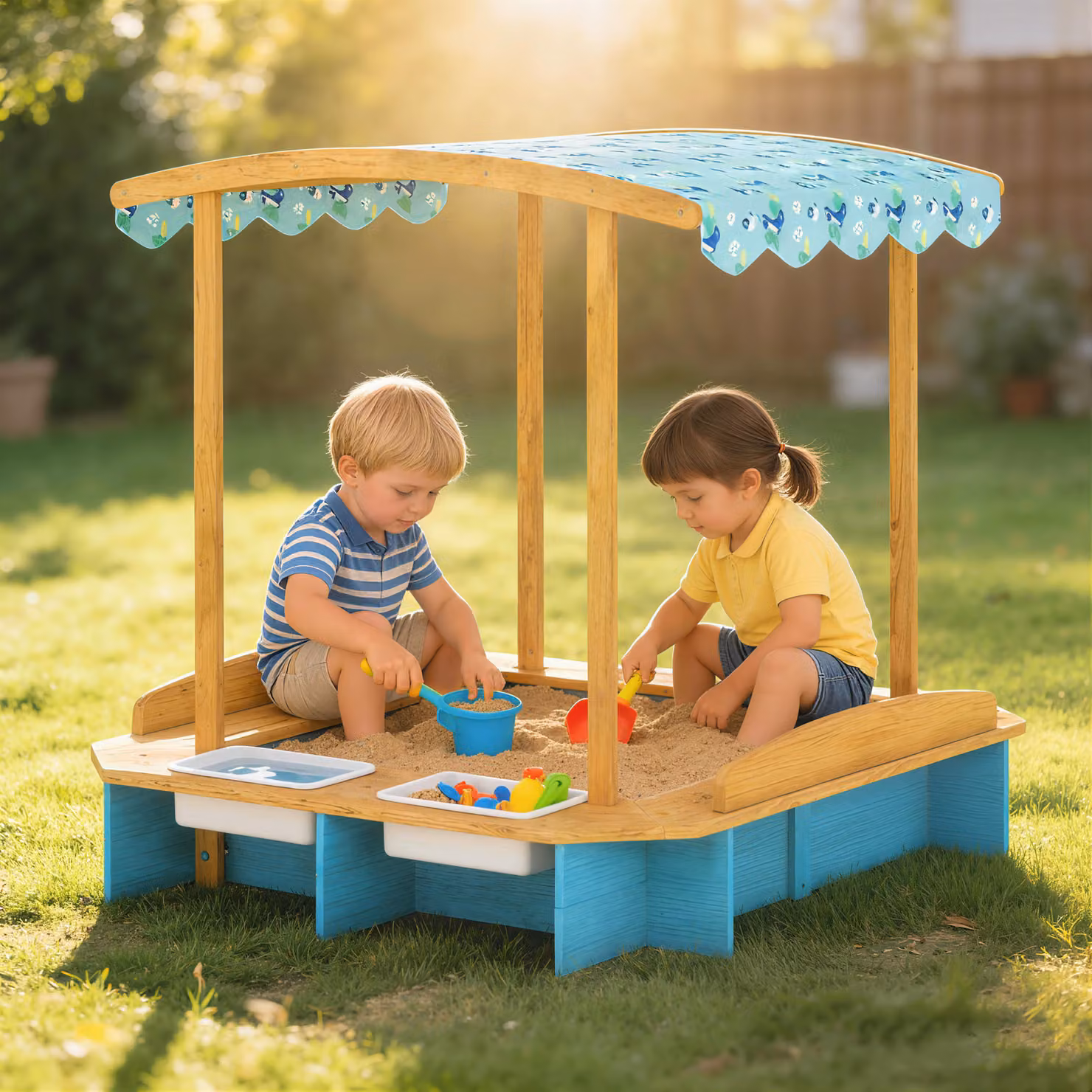 Sabbiera per bambini AIYAPLAY in legno con tetto, 3 panchine e 2 cassette in PP, colore blu, L 128 cm x P 118 cm x H 121 cm – 2