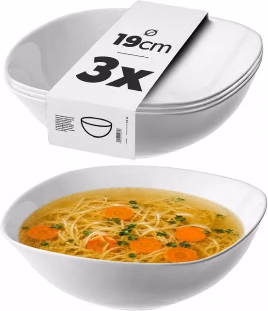 Ciotole da insalata KADAX da 19 cm in vetro, ideali per zuppe e snack, colore bianco, set da 3 pezzi.