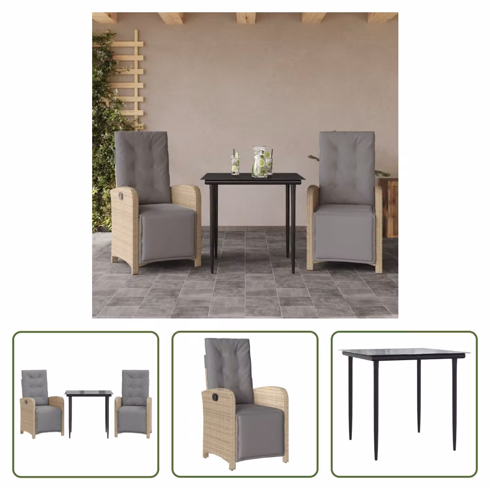 The Living Store Set da bistrot 3 pezzi con cuscini Beige poly rattan