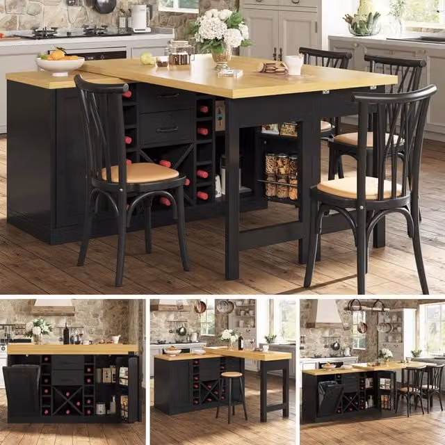 Tavolo da pranzo isola cucina girevole 360° 120 223 cm portavino porta sacchetti bianco/nero