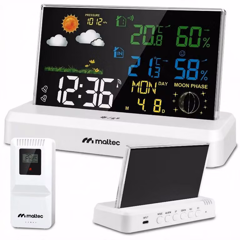 Stazione meteorologica MalTec con sensore esterno wireless, barometro, sensore meteorologico, idrometro, sensore meteorologico, bianco, alimentazione a batteria