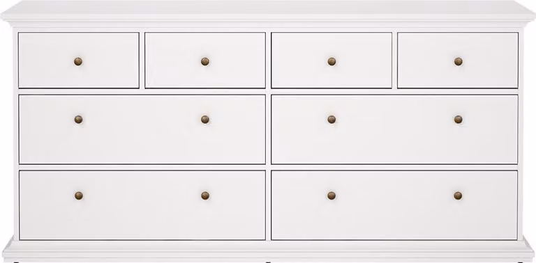 Cassettiera Venice con 4 cassetti grandi e 4 cassetti piccoli, larghezza 183 cm, altezza 86 cm bianco.