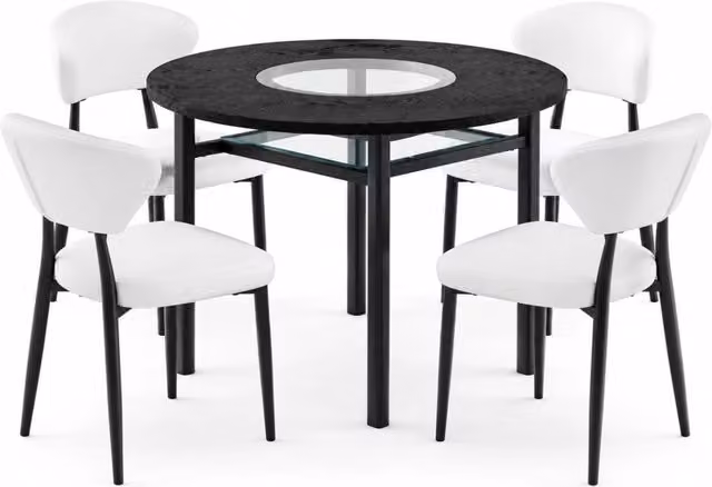 Set tavolo e sedie con tavolo rotondo e 4 sedie con schienale curvo, ripiano in vetro, MDF, metallo e PU nero e bianco