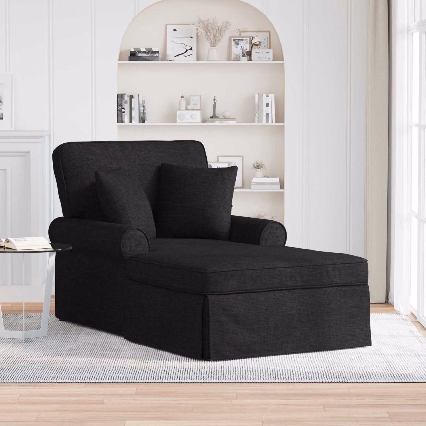 Chaise Longe Moderna vidaXL in Tessuto Nero con Gonna e Cuscini, 3 Pezzi, H: 91 cm, L: 157 cm, P: 91 cm – 1