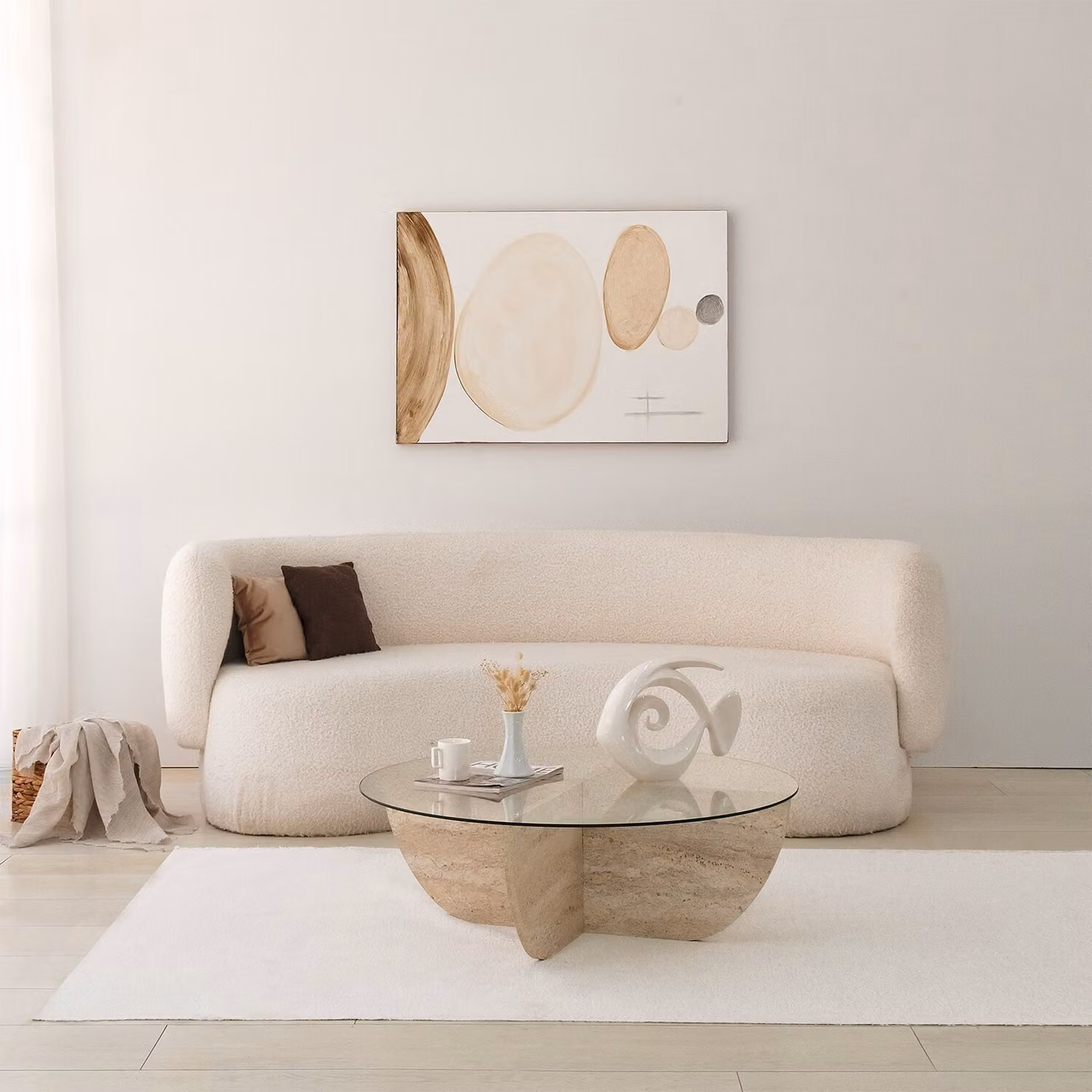 Skye Decor, Lily, tavolini da salotto, travertino, vetro, 90 x 30 x 90 cm