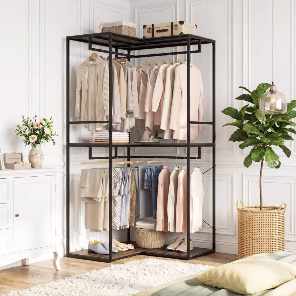Stand appendiabiti angolare DESIGN IN in stile industriale con 3 ripiani e 4 barre portabiti in metallo e legno, colore nero e grigio opaco, H: 170 cm x L: 200 cm x P: 100 cm – 2