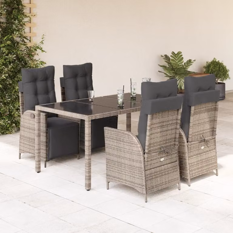 Set da Pranzo da Giardino vidaXL in Polyrattan e Vetro Grigio con 5 Pezzi e Cuscini