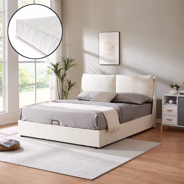 Letto Francese Lunner con Contenitore Testiera Imbottita e Materasso 140 x 200 cm - Beige [en.casa]