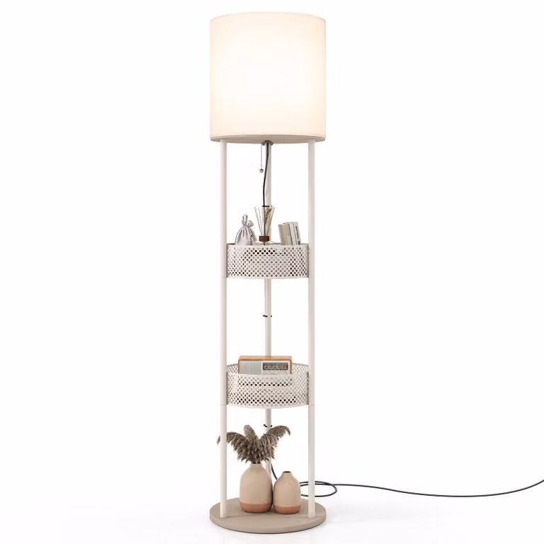 Lampada da terra COSTWAY, 158 cm, con paralume in lino, interruttore a tirante, mensole, cesto portaoggetti e base in legno robusta, lampada da lettura