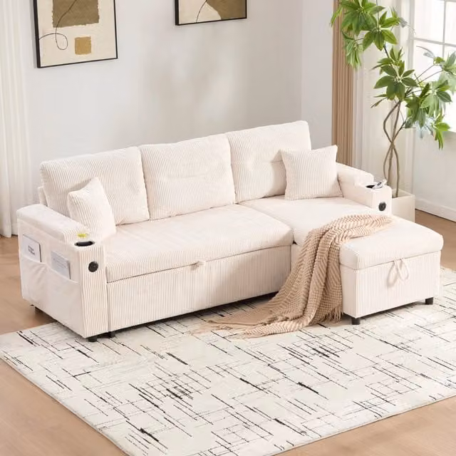 Divano modulare convertibile con letto estraibile chaise longue idraulica porta usb tipo c e vano in velluto beige