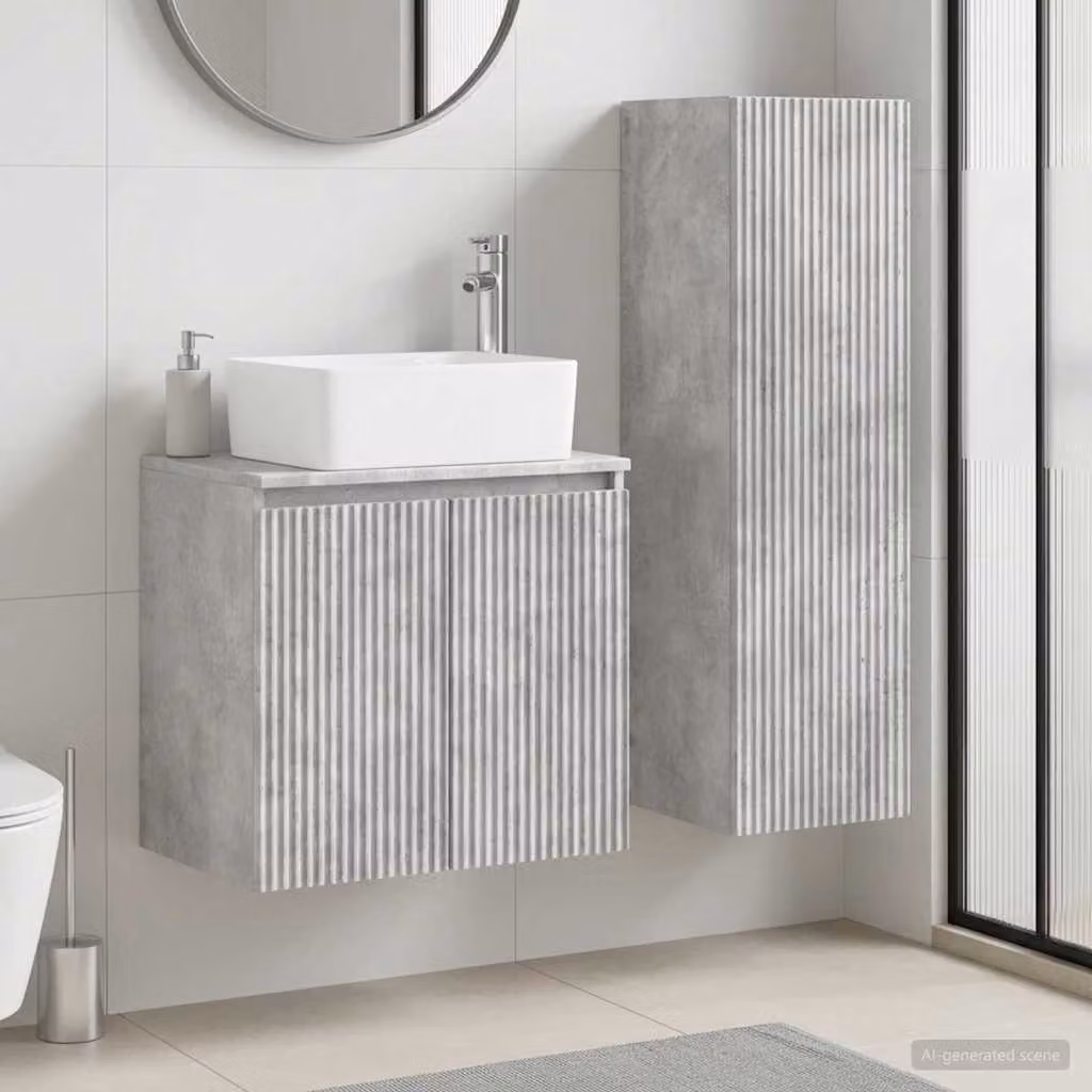 Set di mobili da bagno moderni vidaXL in 2 pezzi Grigio, composto da mobile lavabo e pensile a parete con ante a cerniera e ripiani interni