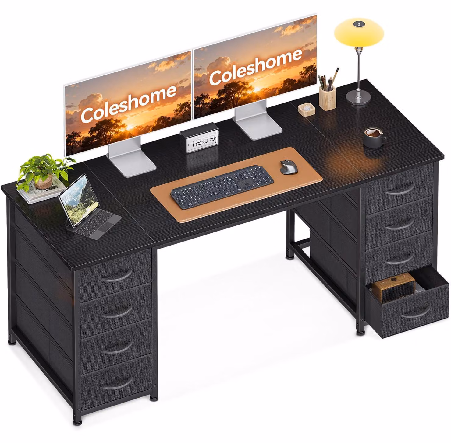 Scrivania con 8 cassetti rivestiti in tessuto, dimensioni 140x48 cm, colore nero