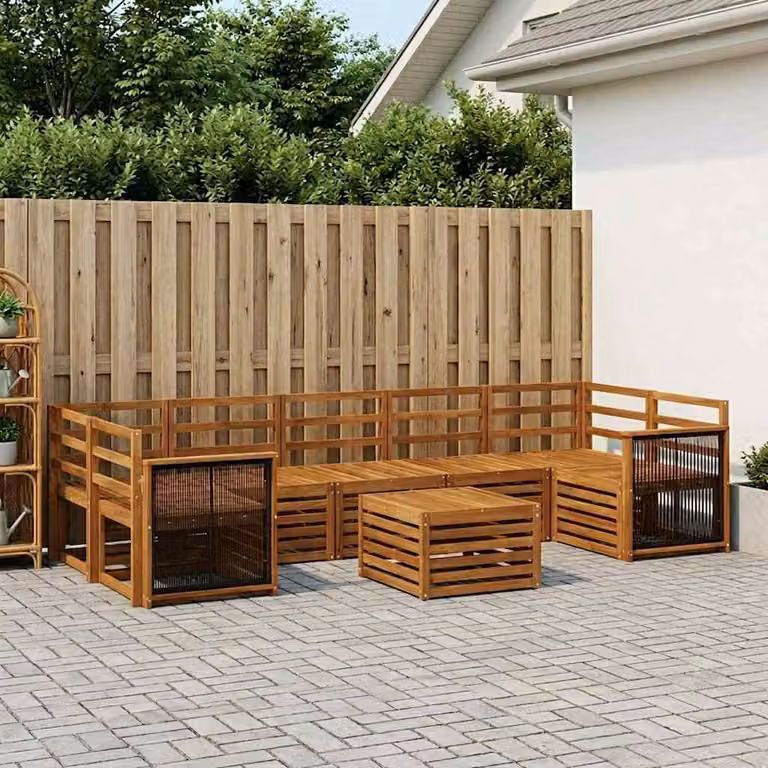 Set di divani da esterno vidaXL a forma di L composto da 8 pezzi in legno di acacia massello marrone con cuscini inclusi e tavolino da caffè per giardino e terrazza