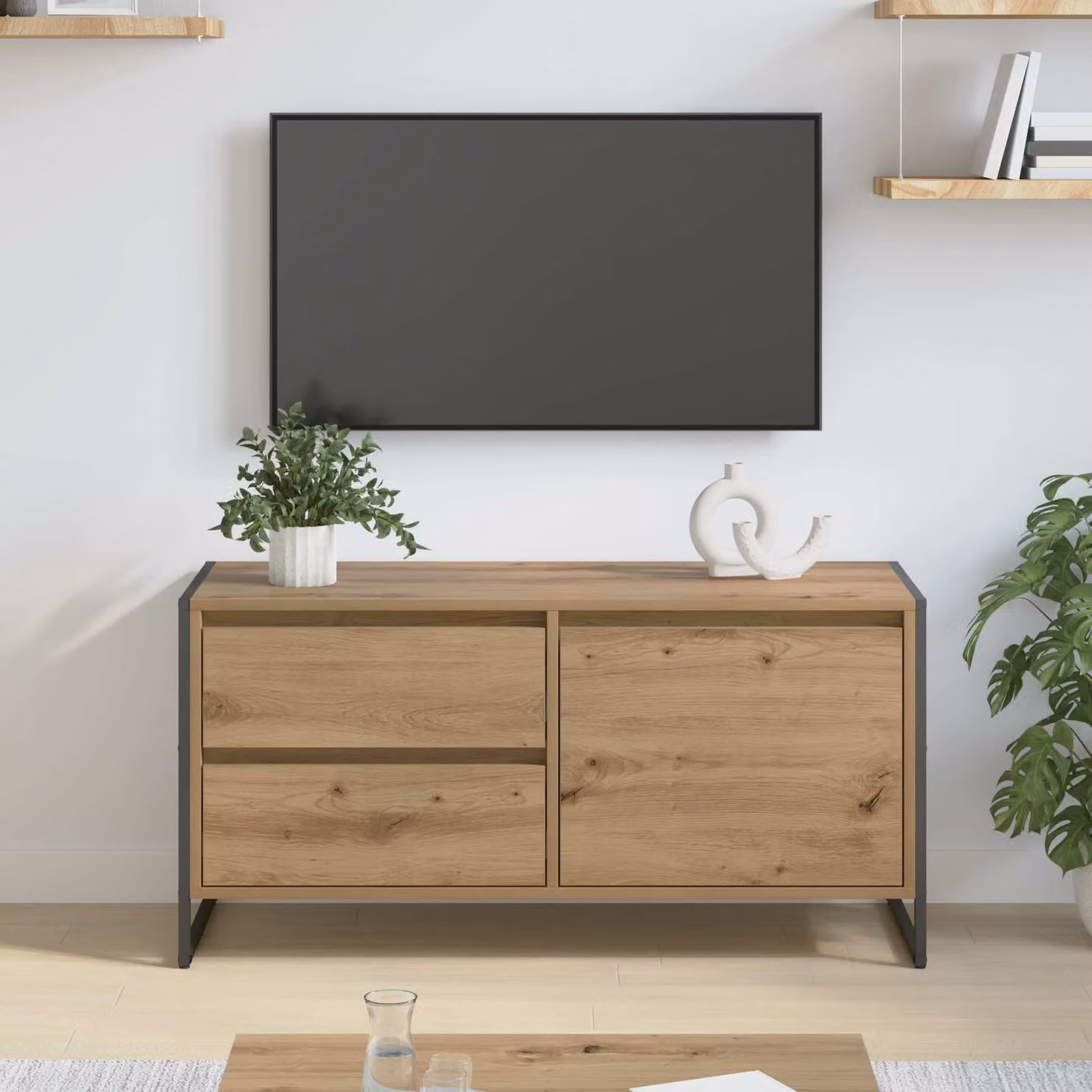 Mobile TV vidaXL in stile industriale con ruote, Rovere e Metallo, Marrone, L 100 x P 36 x H 49.5 cm