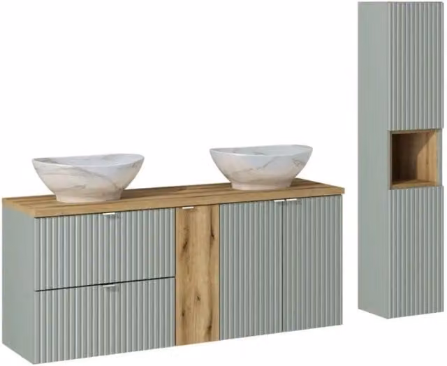 Set Mobili Bagno Meublorama Elvina con Mobile Sottolavabo, Piano, Due Lavabi da Appoggio Marmorizzati e Colonna L: 170 cm