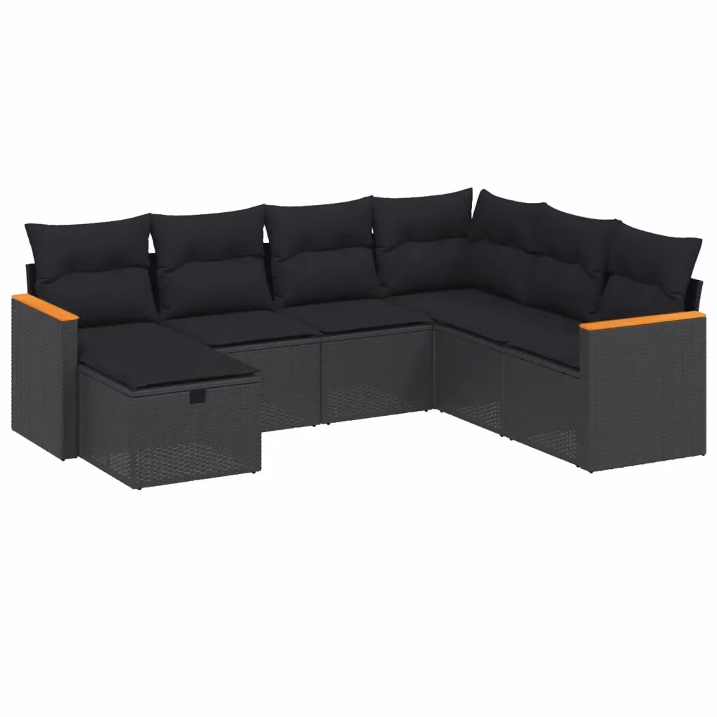 Set Divani da Giardino a L vidaXL con 7 Cuscini Neri in Polyrattan e Acciaio – 2