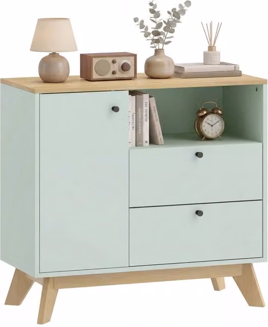Mobile Credenza Buffet Salotto con 1 Anta 2 Cassetti Vano a Giorno e Ripiano Regolabile Verde Chiaro e Rovere per Casa Soggiorno