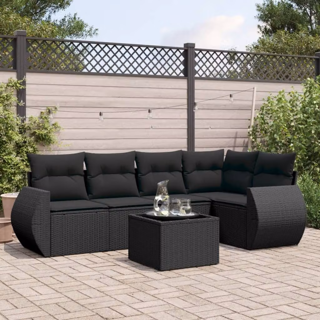 vidaXL Set Divano da Giardino a L 6 pz in Polyrattan Nero con Cuscini e Tavolino da Esterno – 1