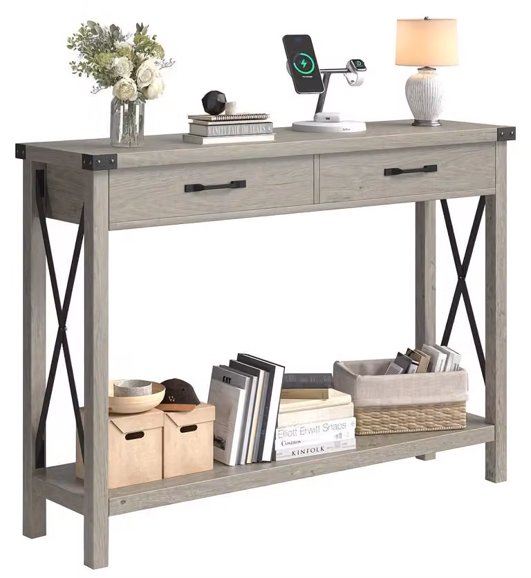 Tavolino laterale – Console – Tavolino con 2 cassetti – Piccolo tavolino da banco – Stile rustico – Grigio e legno