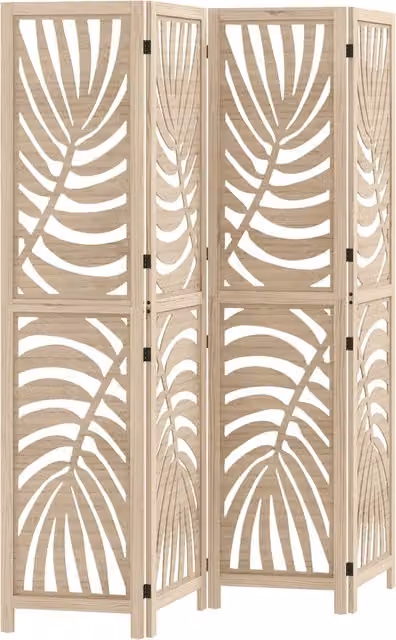 Paravento per interni in legno naturale 4 pannelli 160 x 170 cm separatore pieghevole rimovibile con motivo a foglie