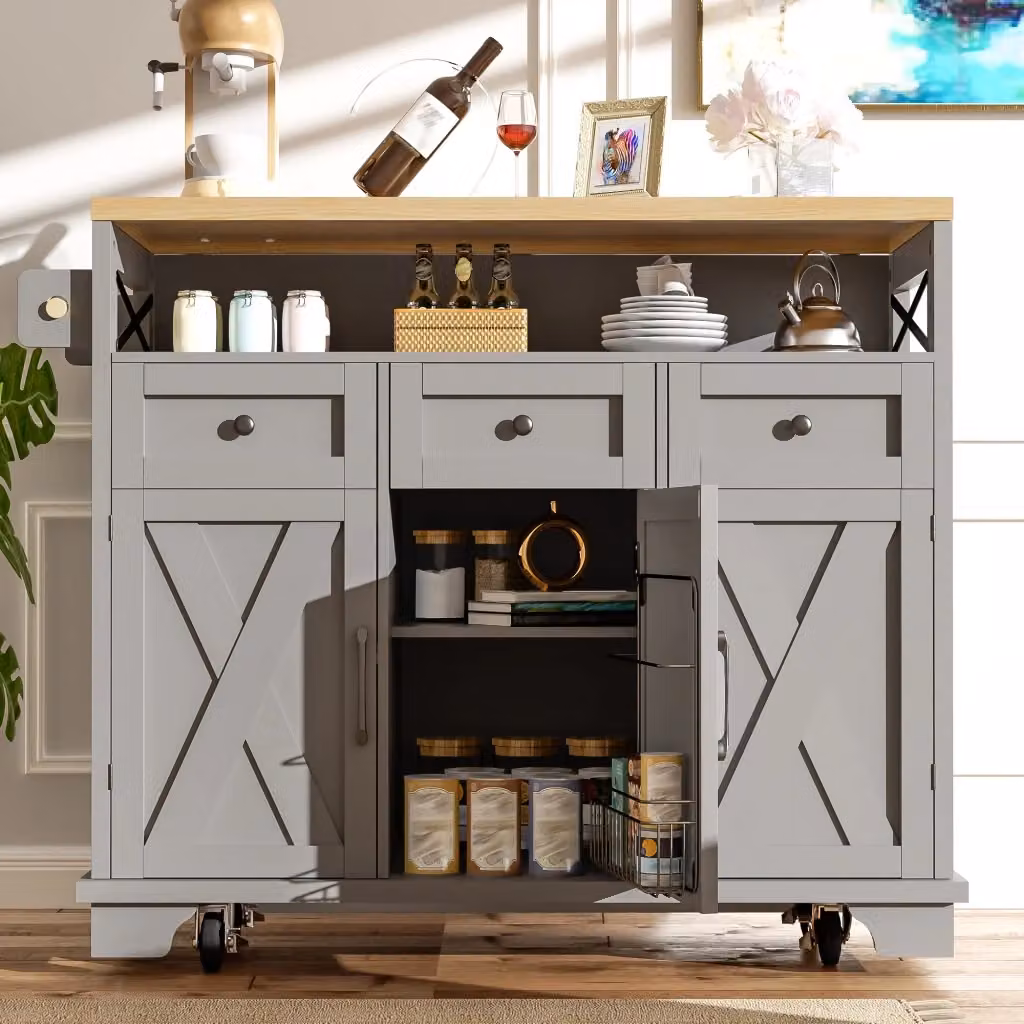 Isola cucina WISHDOR grigia con piano richiudibile in rovere, carrello multiuso moderno con 3 cassetti e rotelle, L/P/H: 118 x 43 x 98 cm – 2