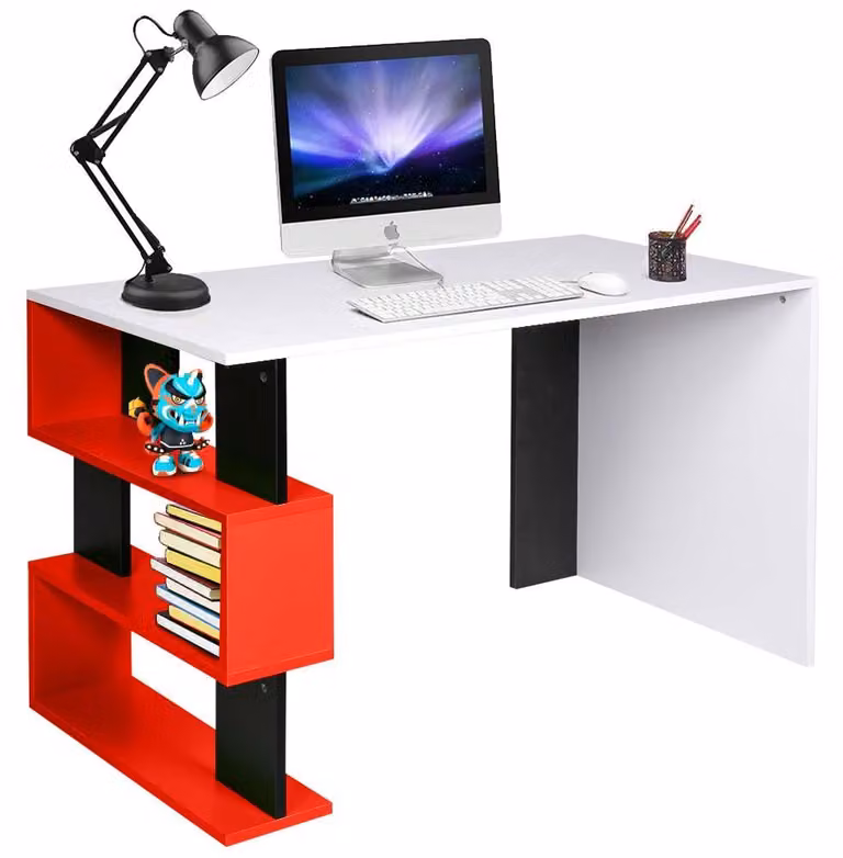 Scrivania Libreria 3 Ripiani Tavolo Porta Pc Computer Legno Casa Ufficio Rosso