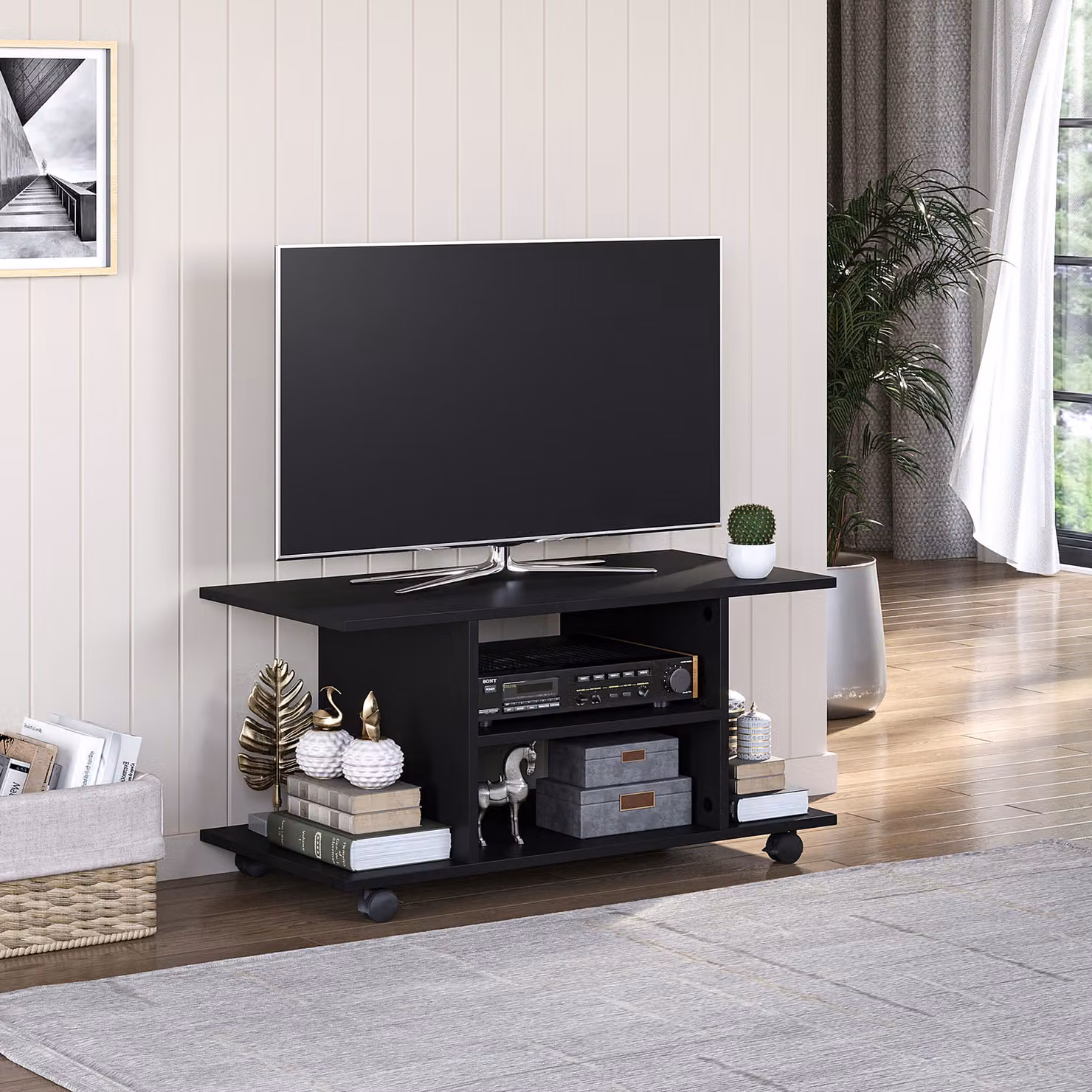 Mobile Porta TV Homcom in Legno con Ruote, Supporto per Salotto Moderno Nero, L 40 cm x P 40 cm x H 80 cm – 2