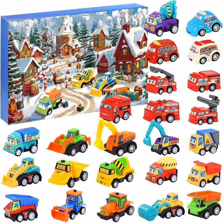 Calendario dell'Avvento a tema auto 2025, con 24 sorprese, veicoli e mezzi da costruzione, adatto a bambini dai 3 ai 9 anni