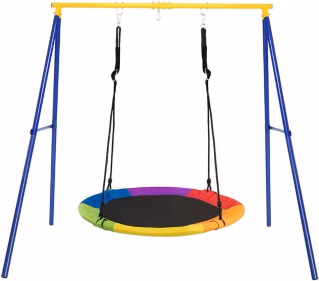 Altalena a nido per bambini extra large in tessuto e acciaio con struttura ad A pieghevole e regolabile in altezza, disponibile in blu, giallo o multicolore, H: 194 cm, L: 180 cm, P: 100 cm – 1