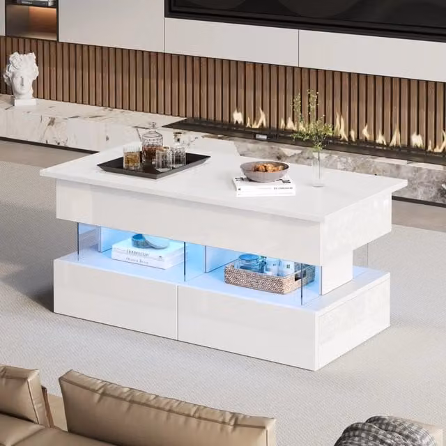 Tavolino da caffè bianco 100x50x46 cm con piano sollevabile, LED e 2 cassetti