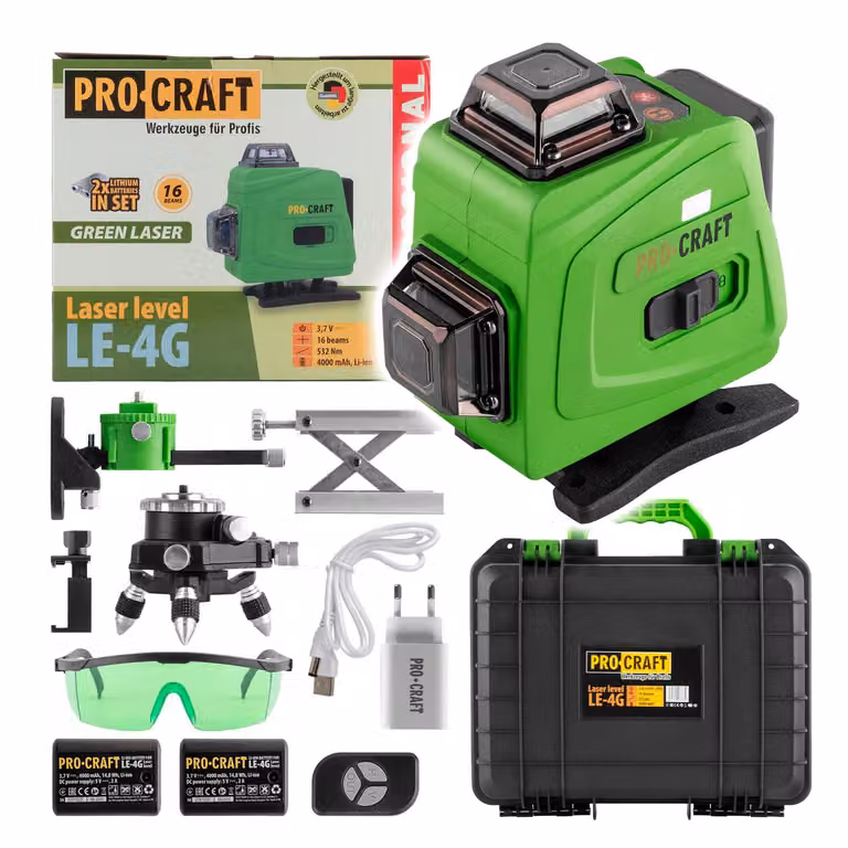 Set laser a linee/linee incrociate a batteria Procraft LE-4G 3,7 V 40 m verde autolivellante incl. batterie, caricabatterie e accessori