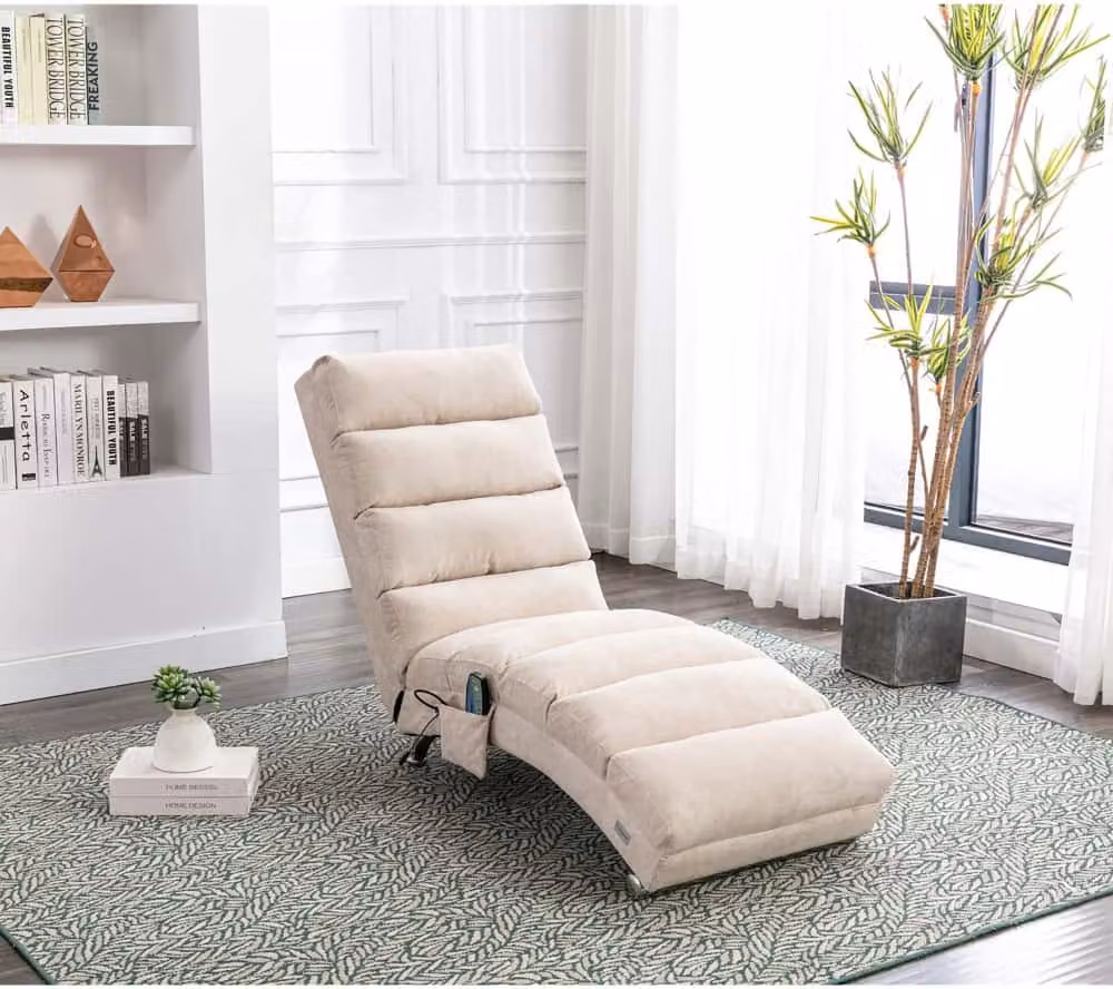 AIORBER recamiere, con telecomando, lettino relax ergonomico, con 5 modalità di vibrazione, chaise lounge massaggiante, tasca laterale, per soggiorno, 148x55x87cm, beige
