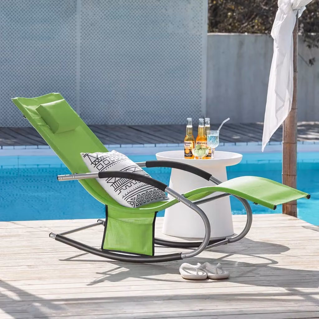 Set di 2 sedie a dondolo da giardino SOBUY con cuscini e tasca laterale, colore verde – 2