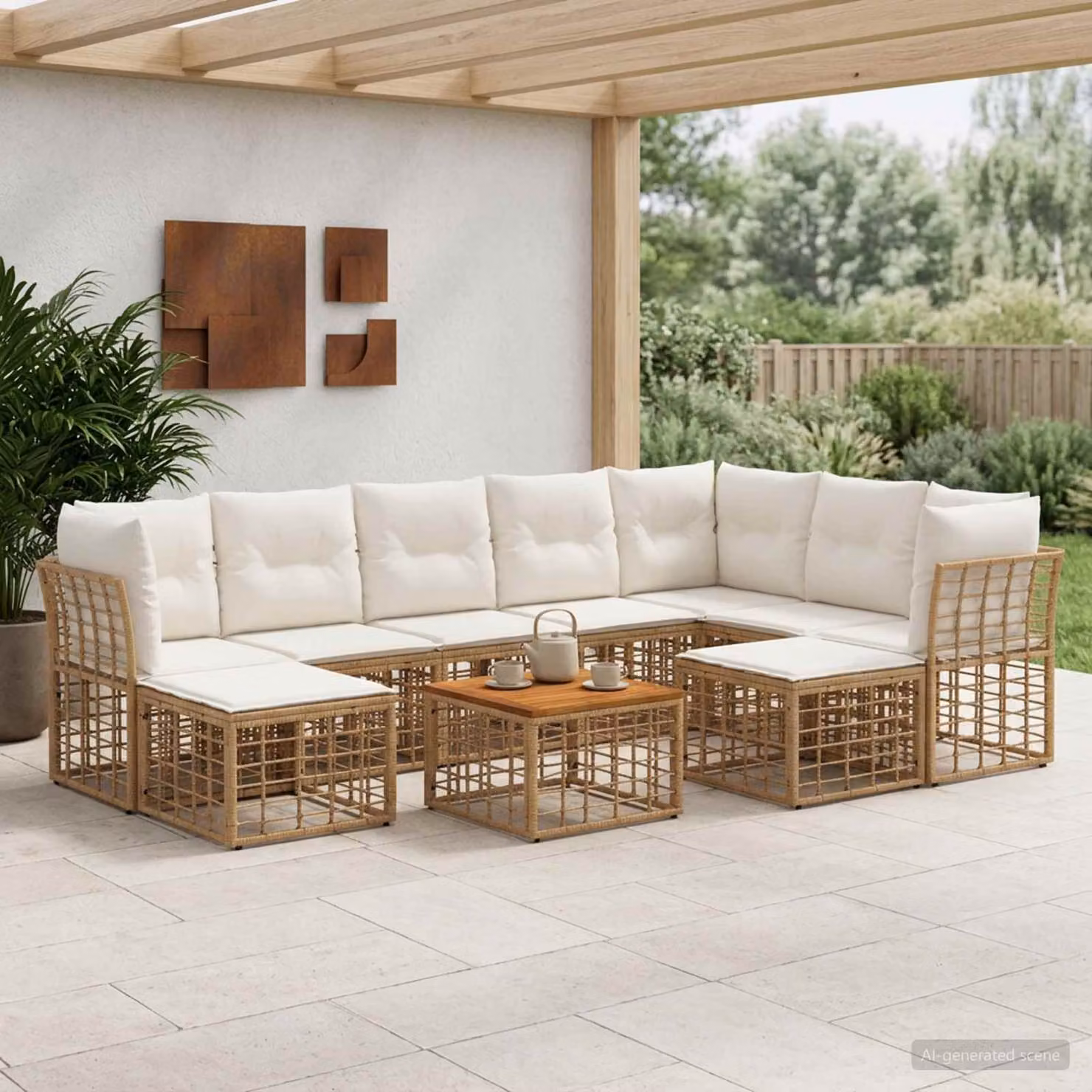 vidaXL Set di divani da esterno 10 pezzi per 9 persone, design moderno a forma di L con elementi angolari, pouf e tavolino da caffè, struttura in acciaio verniciato a polvere e legno di acacia, colori beige, bianco e marrone