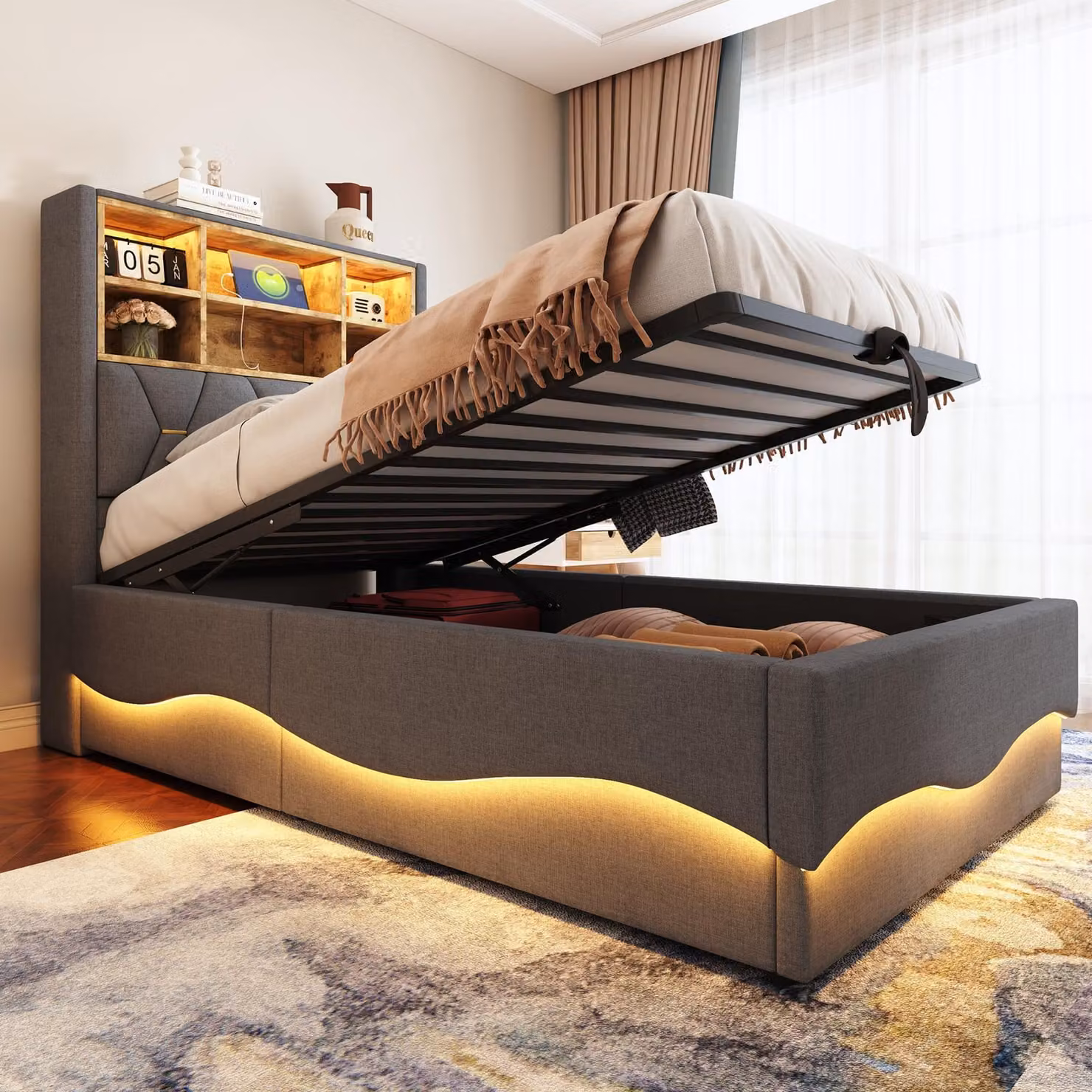 STILVORA 90x200 Letto imbottito con comodino e interfacce di ricarica USB, letto per ragazzi con luce LED tramite controllo APP, letto matrimoniale con rete a doghe metalliche, Lino, senza materasso, Grigio