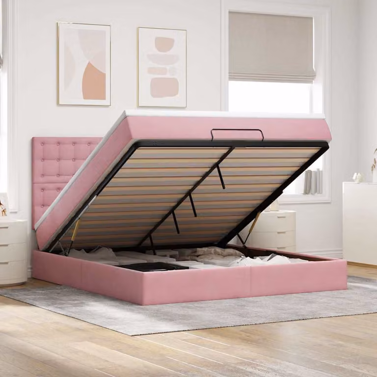 Letto con contenitore e pouf vidaXL in velluto rosa e bianco, con base a sollevamento, illuminazione sottostante e porta USB, L: 160 cm, P: 200 cm, H: 128 cm