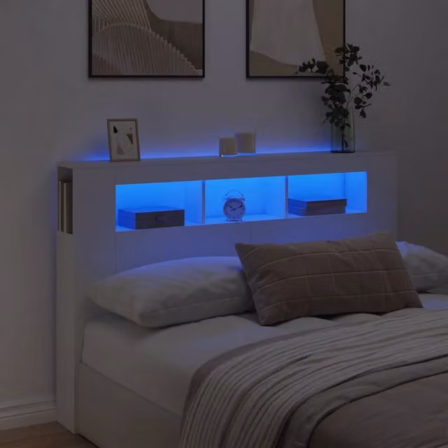 Testiera con Luci LED Design Mania Bianca in Legno Multistrato con Mensola e Porta USB L/P/H: 160 x 18,5 x 103,5 cm – 1