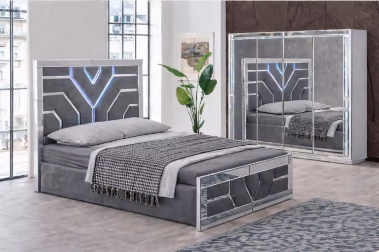 Set per camera da letto composto da 2 elementi: letto e armadio, combinati con stile