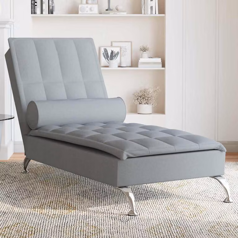 vidaXL Chaise Longue con Cuscino a Rullo per Massaggio in Tessuto Grigio Chiaro con Ricarica USB L: 138 cm, P: 56 cm, H: 75 cm