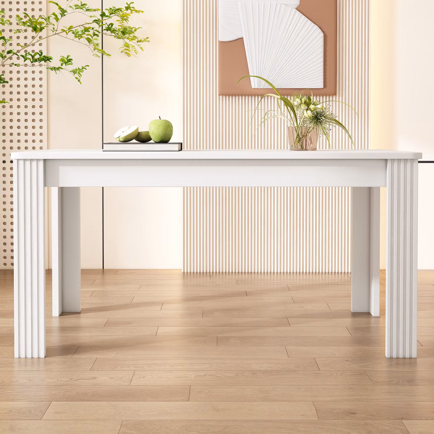 MODFU Tavolo da pranzo rettangolare, tavolo da cucina con gambe in legno, tavolo per sala da pranzo e soggiorno, bianco