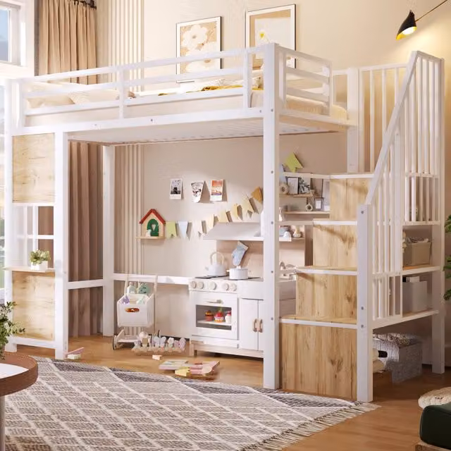 Letto a soppalco singolo REDOM in metallo e MDF bianco con scala contenitore e scomparti laterali L/P/H: 255 x 90 x 200 cm