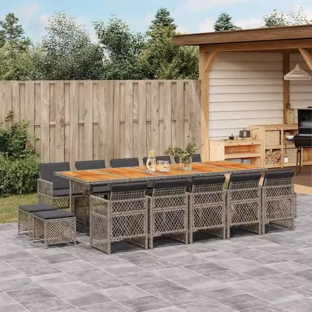 Set da Pranzo da Giardino vidaXL in Polyrattan e Legno di Acacia, 15 Pezzi, Grigio e Marrone