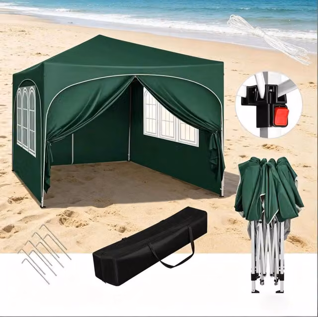 Gazebo pieghevole ULEVR 3x3 m verde con 4 pareti removibili, altezza regolabile e protezione UV 50+