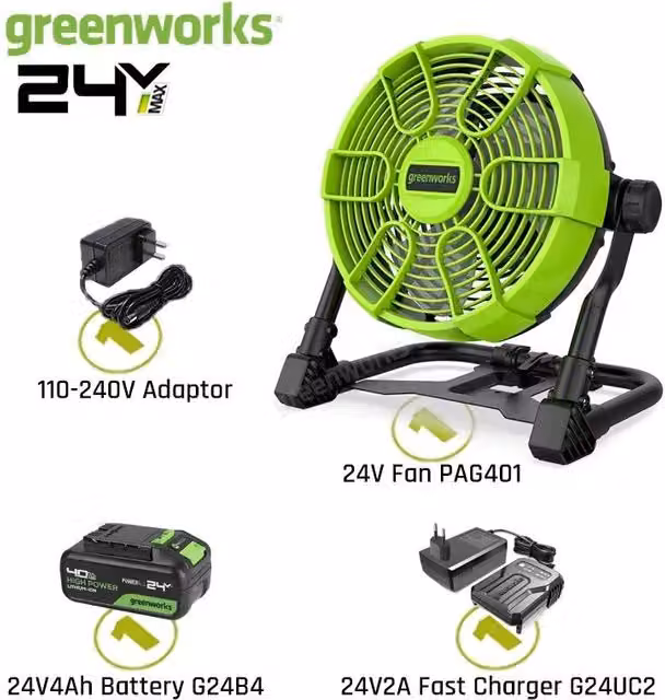 Mini ventilatore portatile ricaricabile Greenworks colore verde con funzione oscillazione – 1