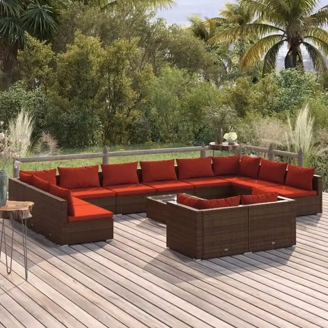 Set di divani da giardino vidaXL a forma di U composto da 13 pezzi con cuscini e tavolino da esterno, struttura in metallo e rattan di colore marrone e rosso