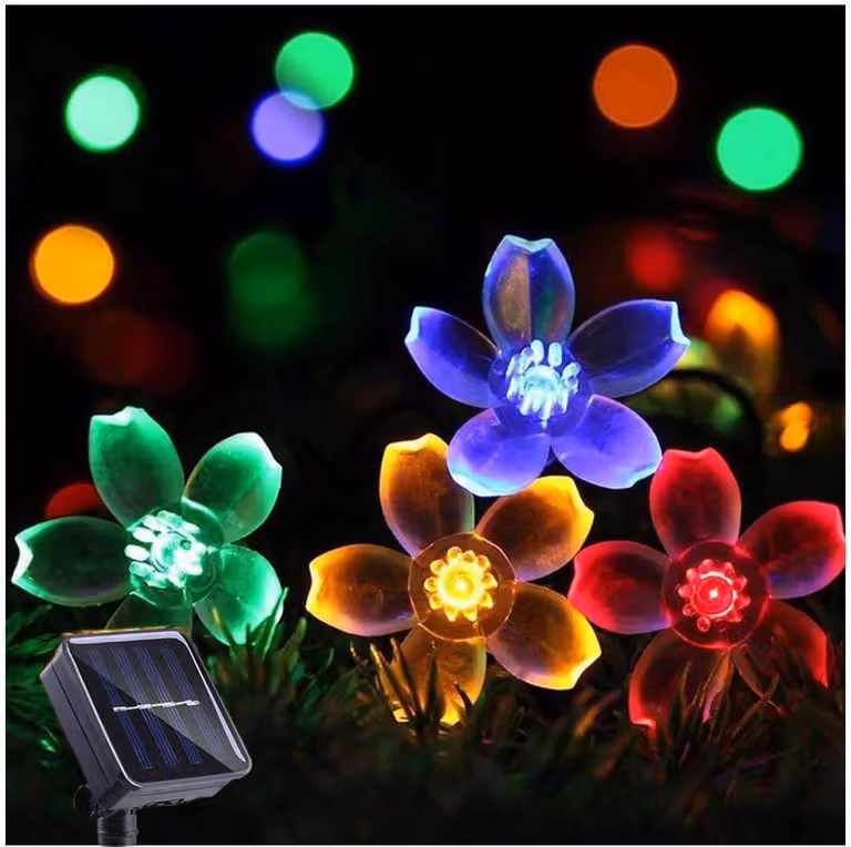 Catena luminosa solare, 7 metri, 50 LED a forma di fiori di ciliegio, 8 modalità, grado di protezione IP65