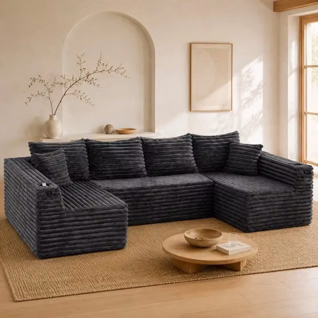 Divano modulare a U ULEVR 320x155x88 cm in velluto a coste grigio scuro con portabicchieri e tasca laterale